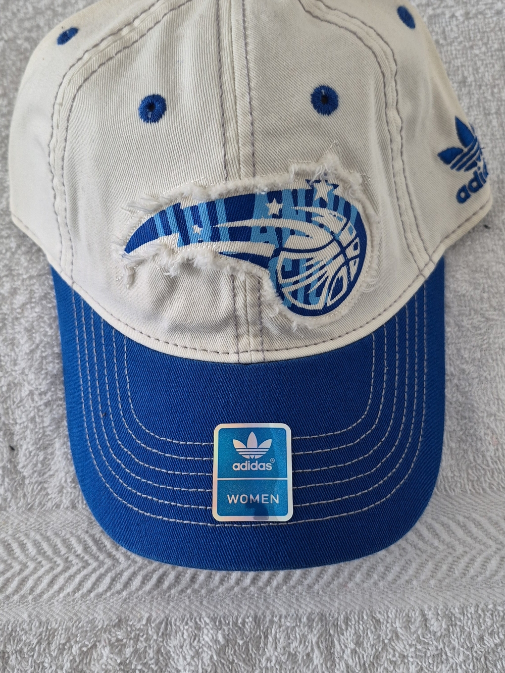 adidas Women's White and Blue Baseball Cap with Distressed Logo